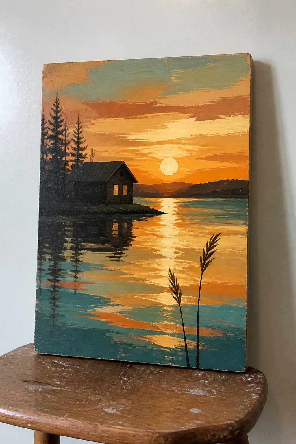 Sunset painting of lakeside cabin with pine trees, orange sky, and water reflections on wooden stool.
