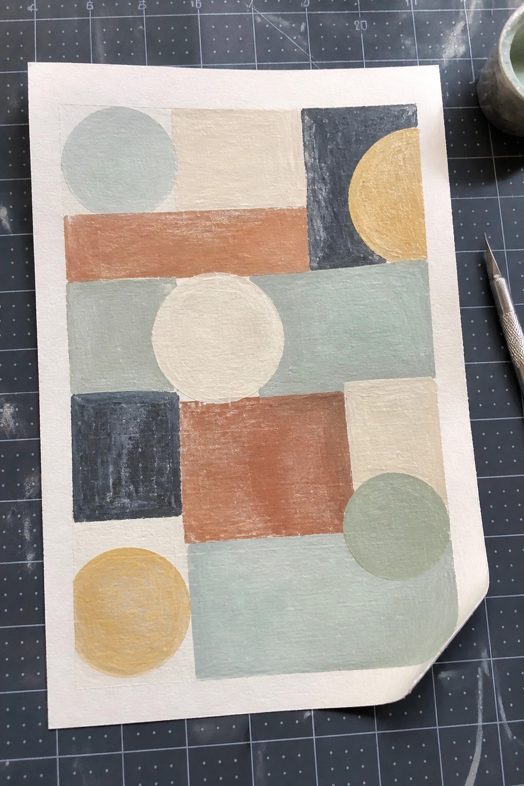 Abstract geometric painting with overlapping circles and rectangles in muted earth tones.