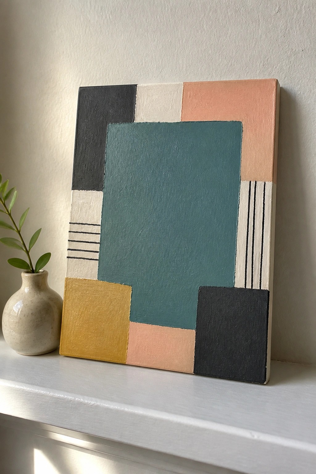 An acrylic painting on canvas with geometric color blocks in teal, peach, black, white, and yellow plus thin black lines on the sides, resting on a white ledge beside a small vase.