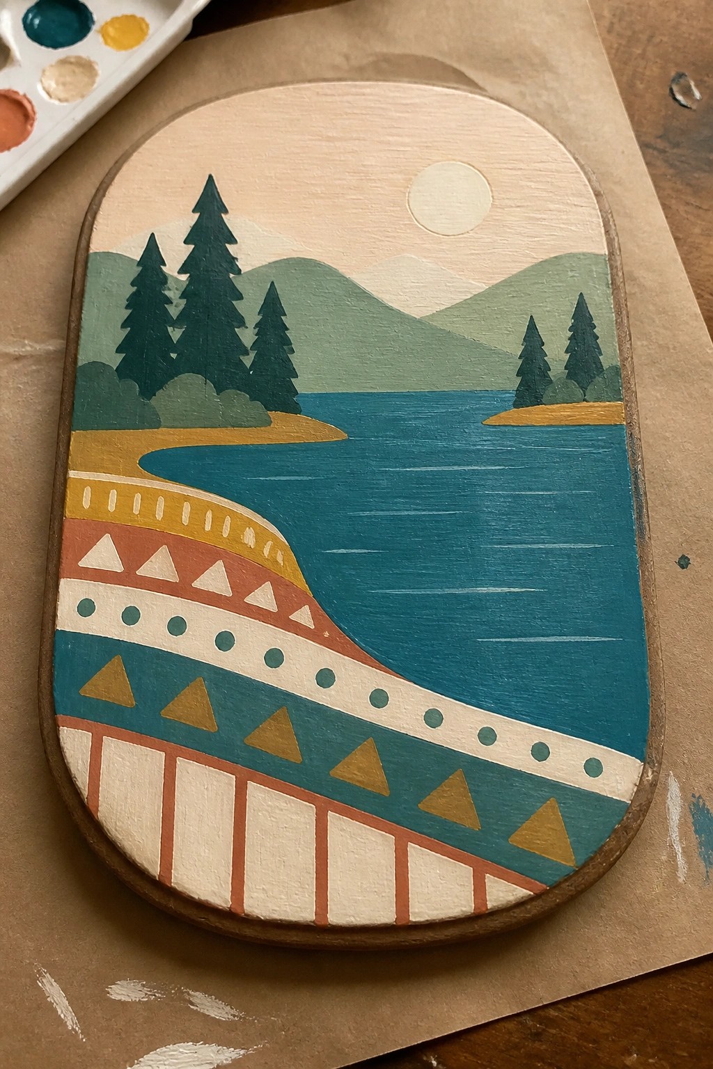 Stylized landscape painting on wooden plaque showing lake, mountains, trees, sun, and geometric patterns.