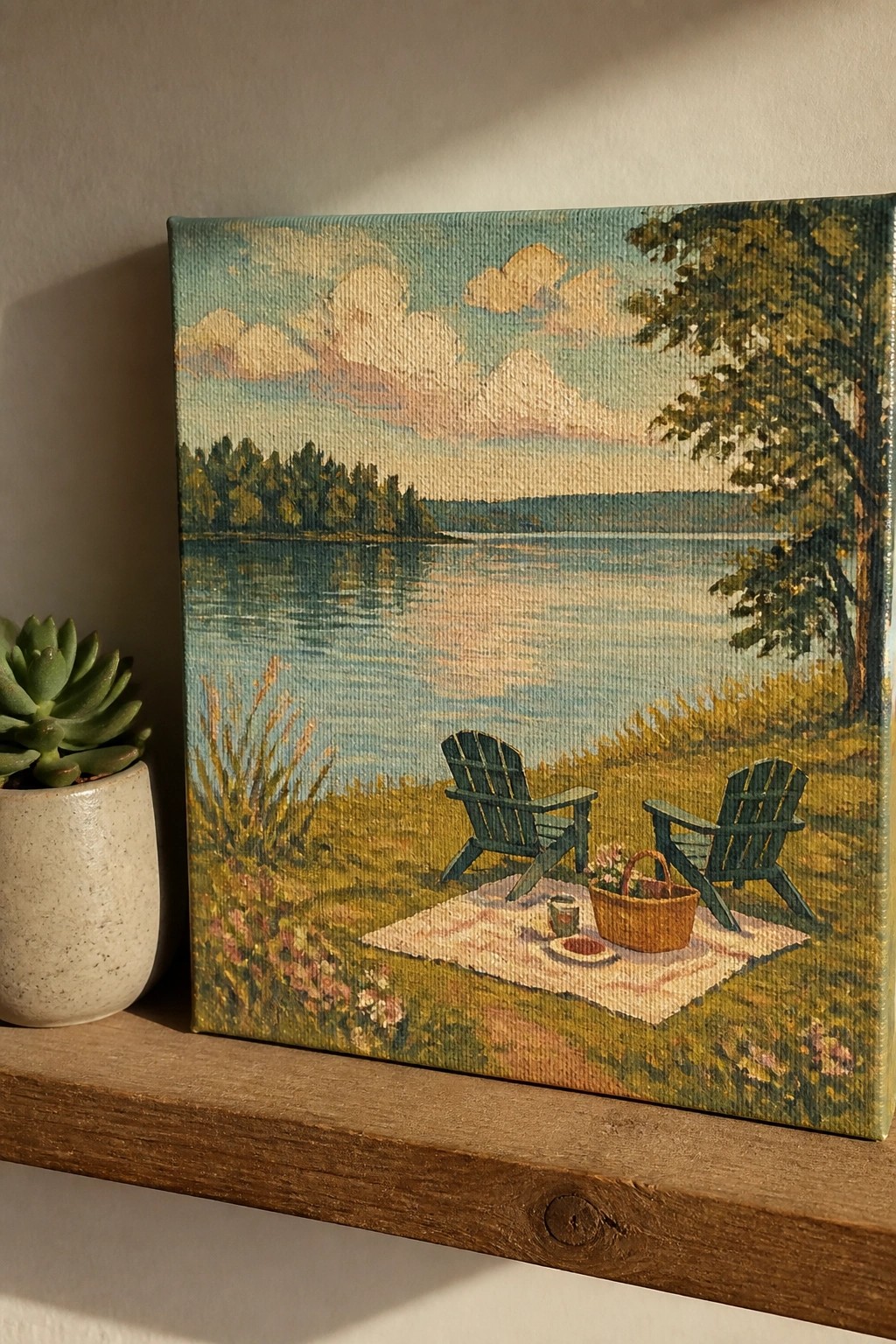 Painting of lakeside picnic with two green chairs, basket, and potted succulent on shelf