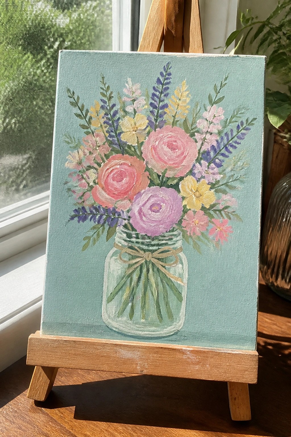 Pastel floral bouquet in mason jar with bow on light blue canvas on easel