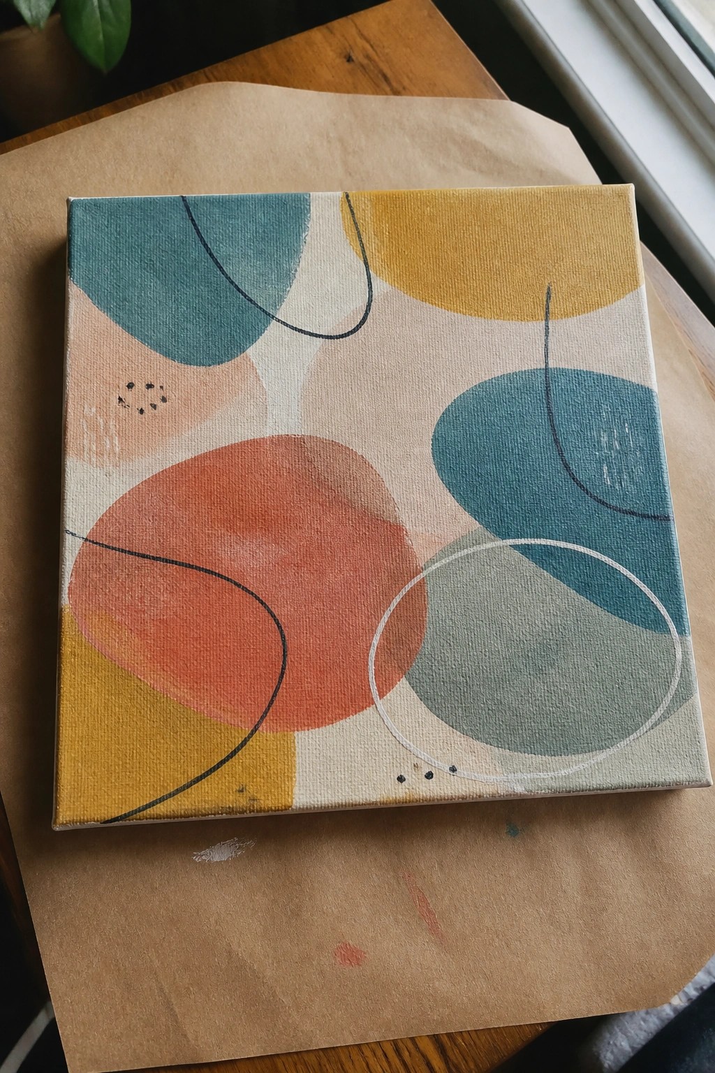 Abstract canvas with teal, yellow, and orange curved shapes on wooden table