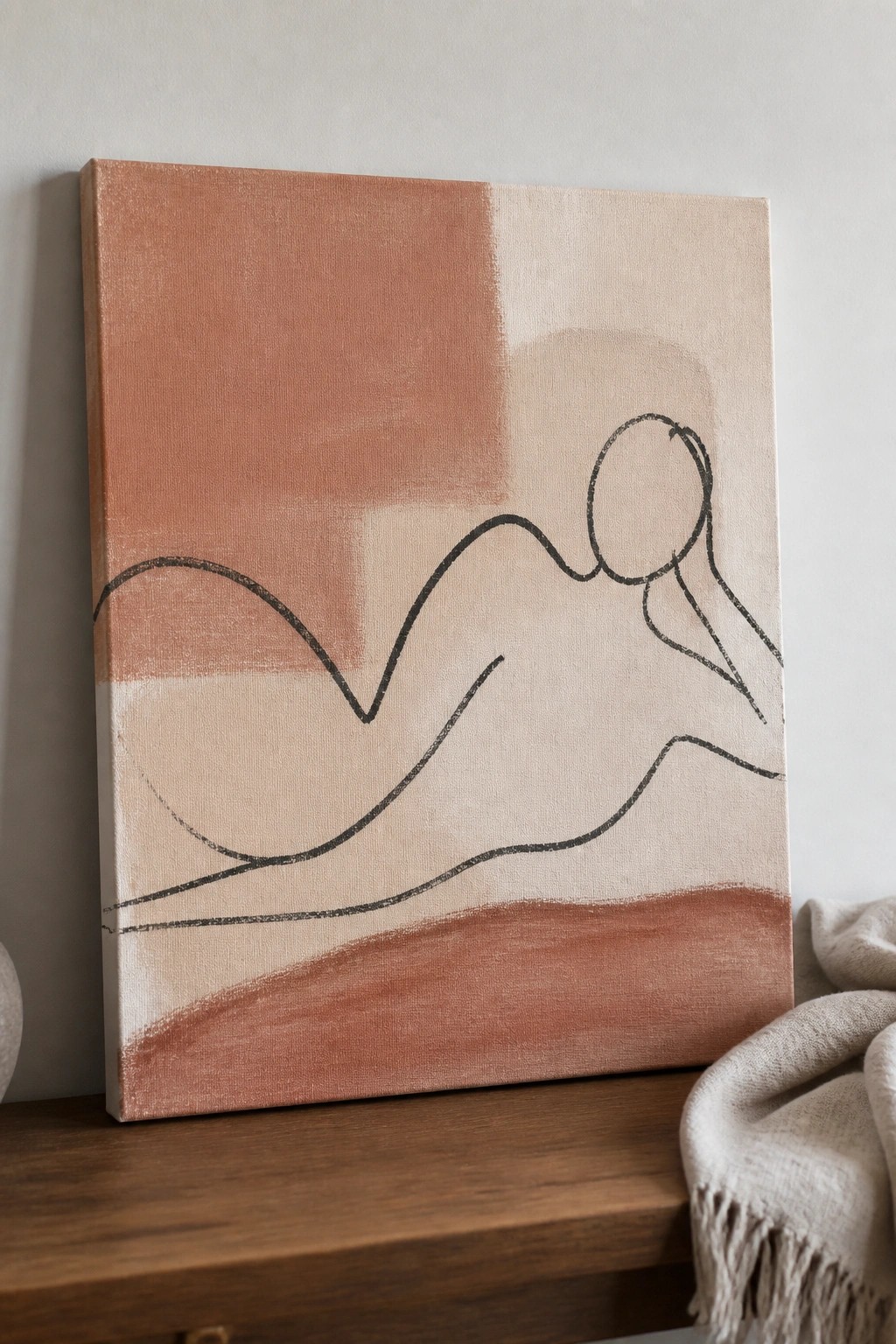 Abstract canvas art in terracotta and beige tones with black line figure drawing