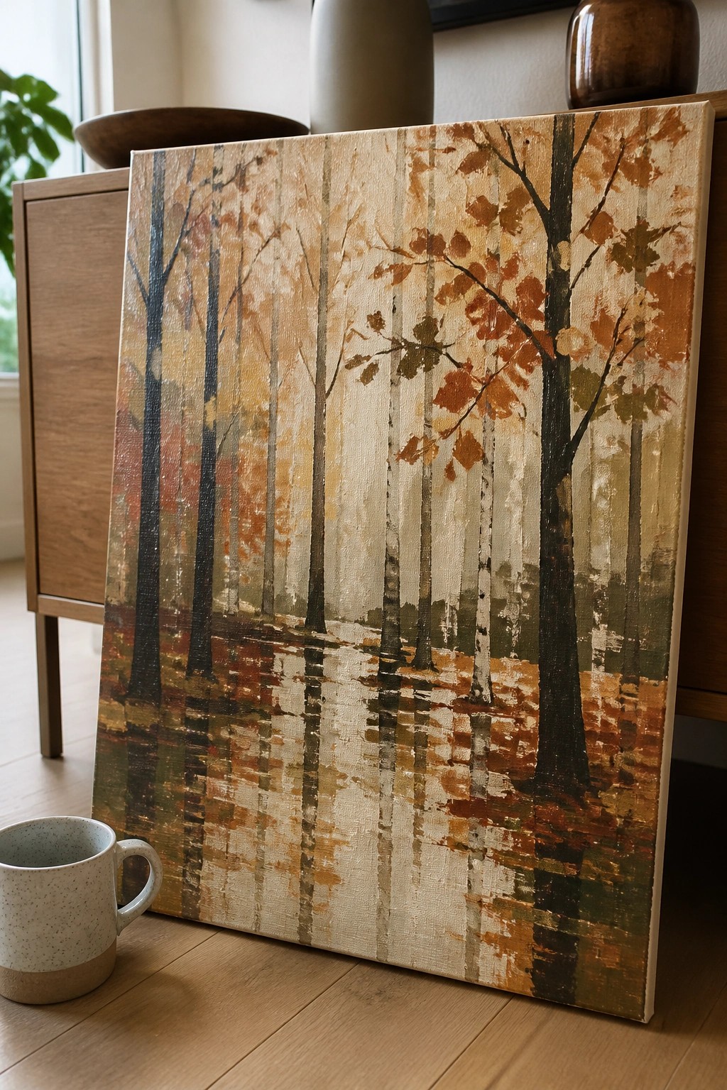 Acrylic painting of tall trees with dark trunks and autumn leaves above a reflective ground surface, leaning against furniture beside a ceramic mug.