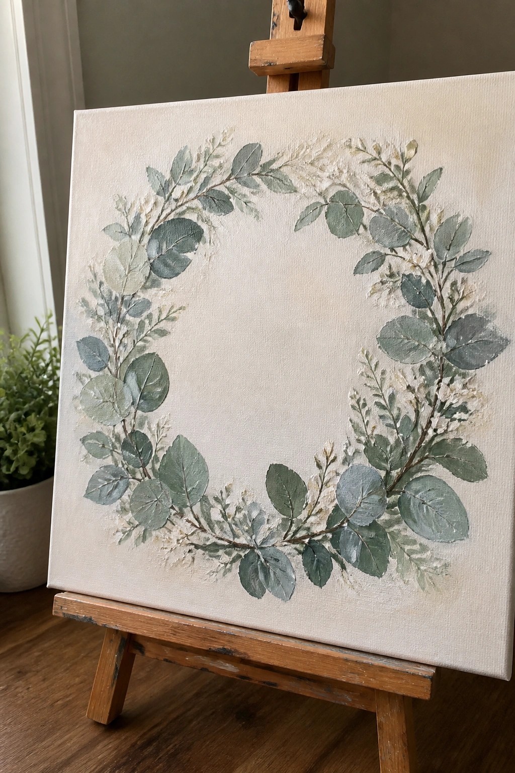Green leafy wreath painting with white flowers on canvas and wooden easel