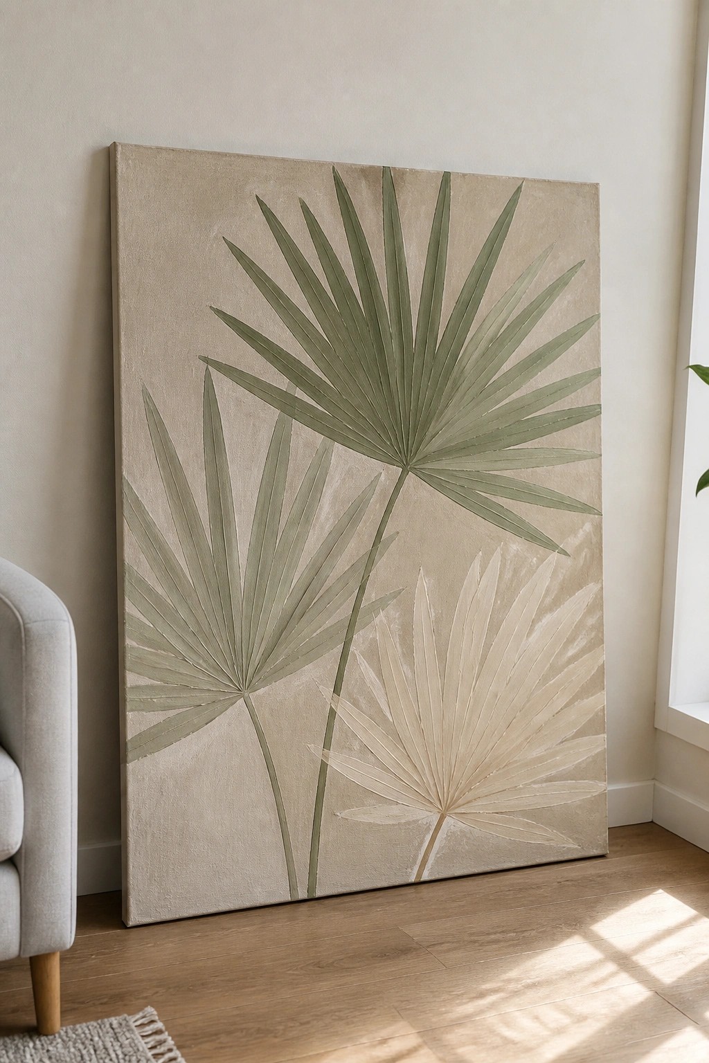 An acrylic painting of several large palm leaves in green and beige tones on a textured beige canvas.