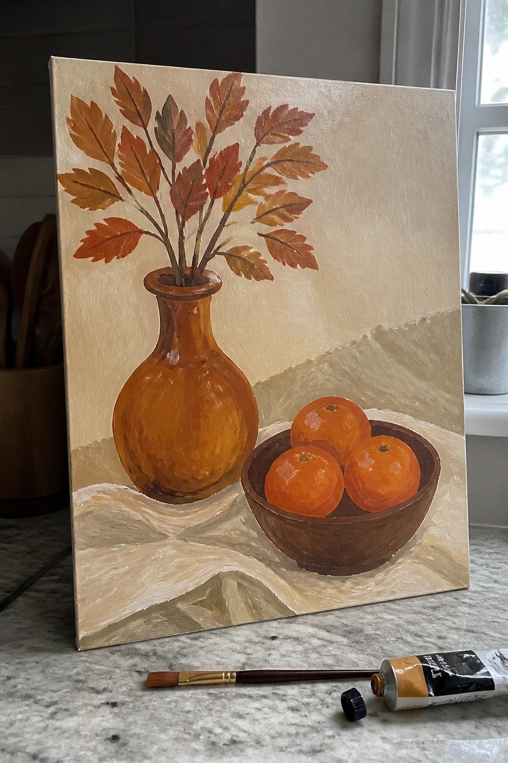 Still life painting of brown vase with autumn leaves and bowl of oranges, paintbrush nearby