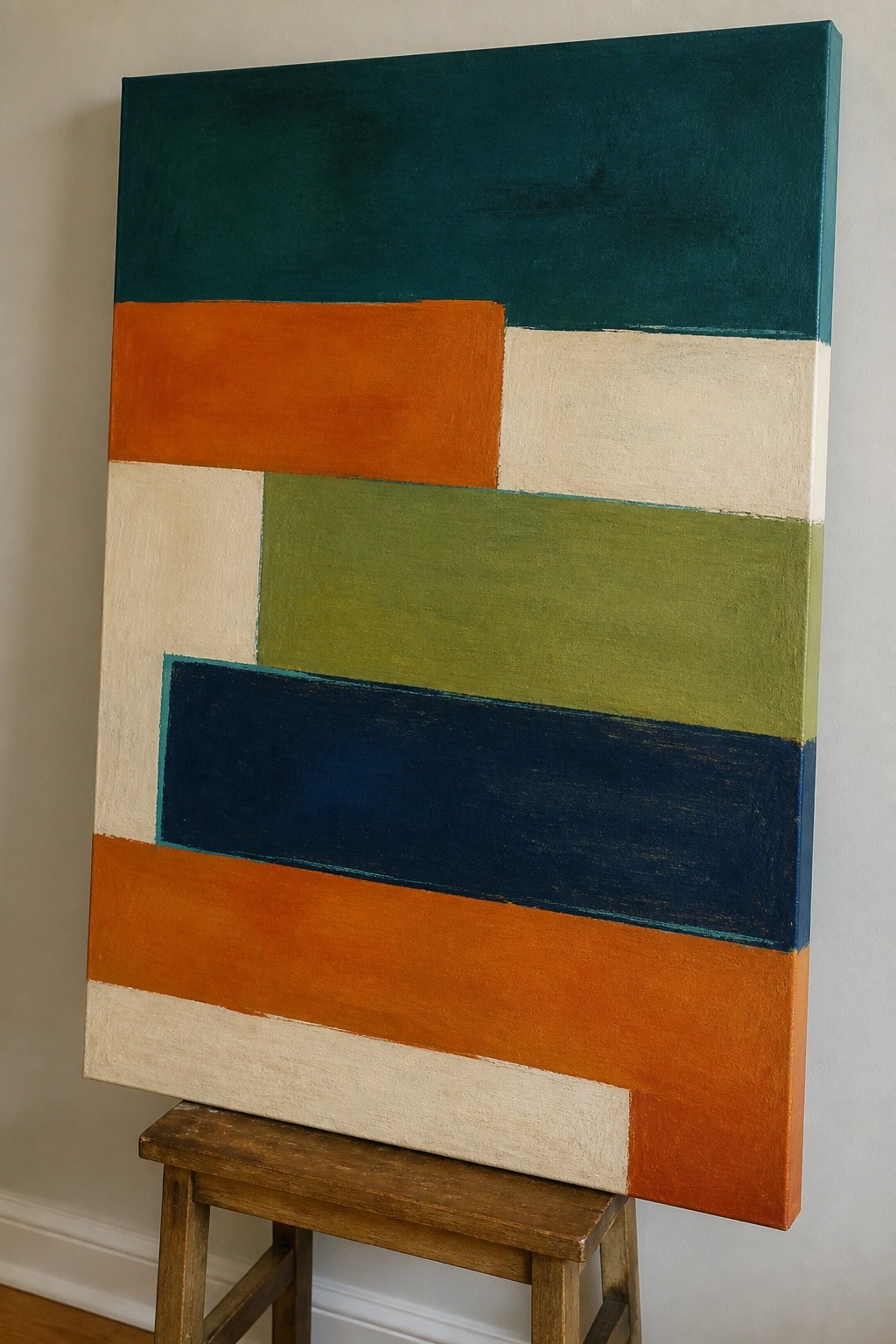 Abstract geometric painting with teal, orange, green, blue, and white blocks on wooden stool