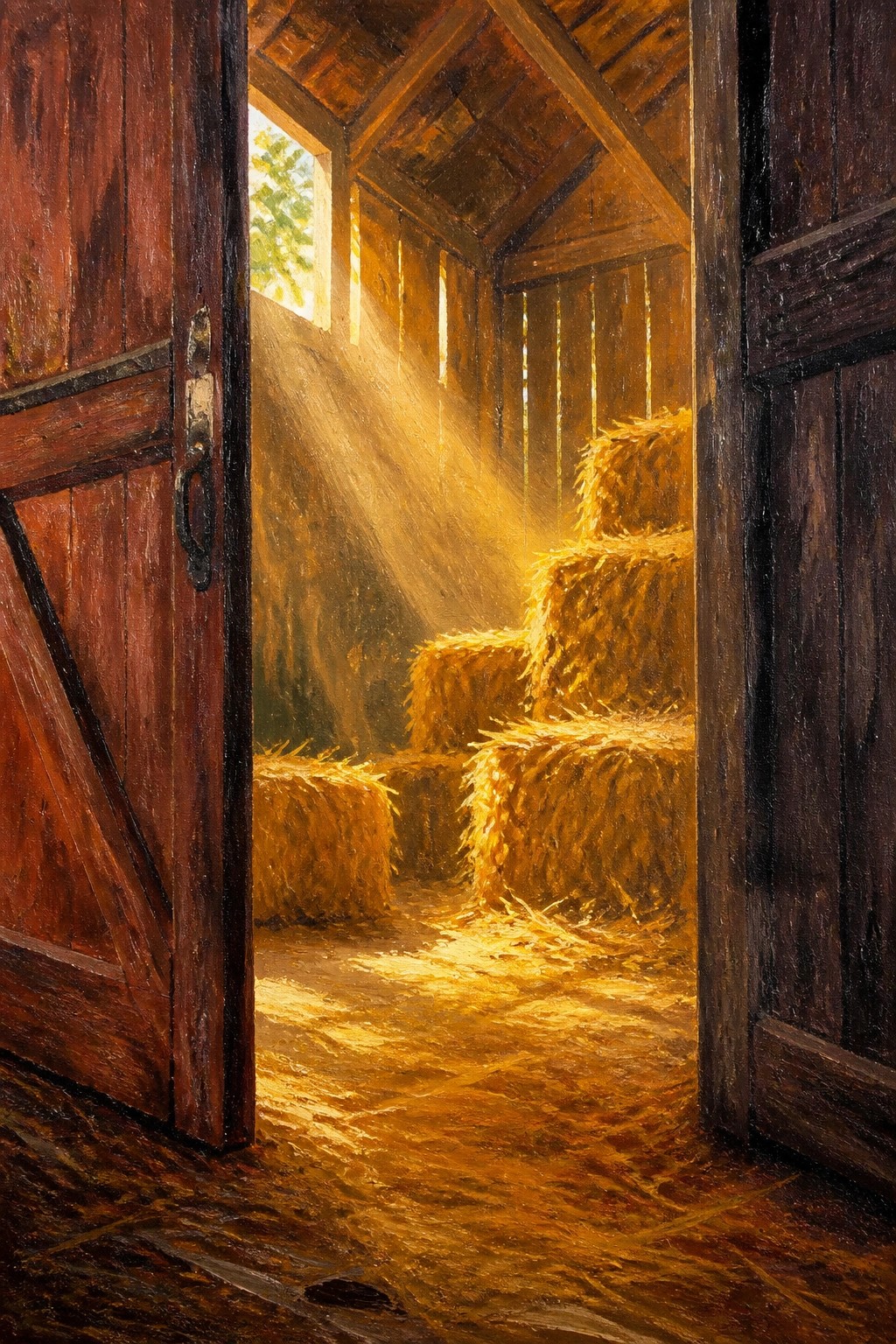 Sunlight streams through open barn doors onto stacked golden hay bales.