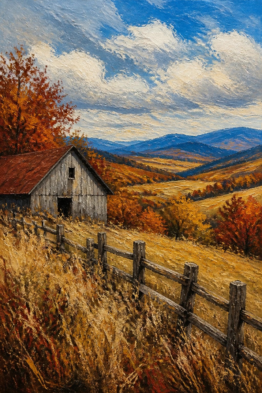 Weathered barn with red roof behind wooden fence amid autumn hills and mountains