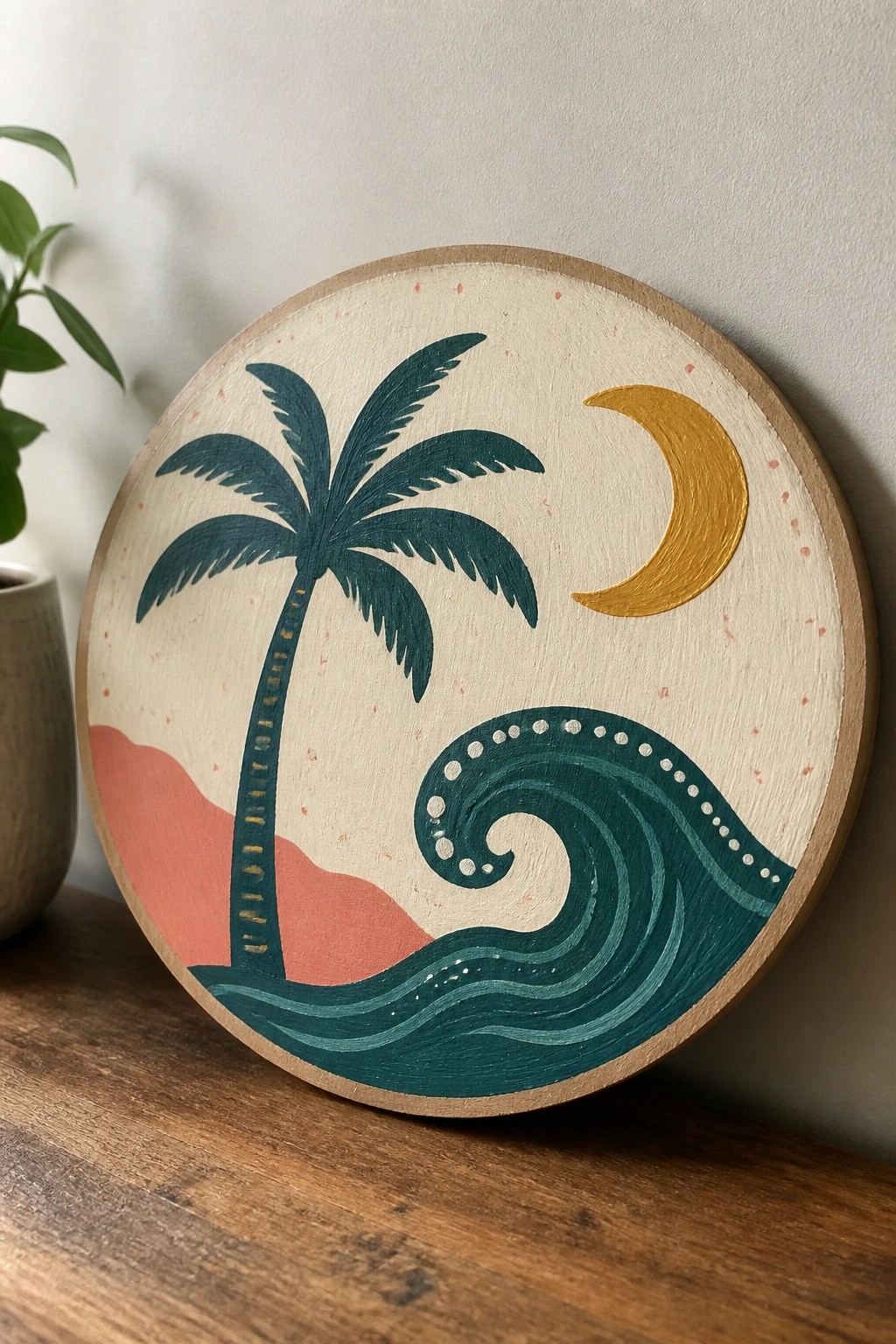 Circular wood art with teal palm tree, curling wave, gold moon, and coral hills