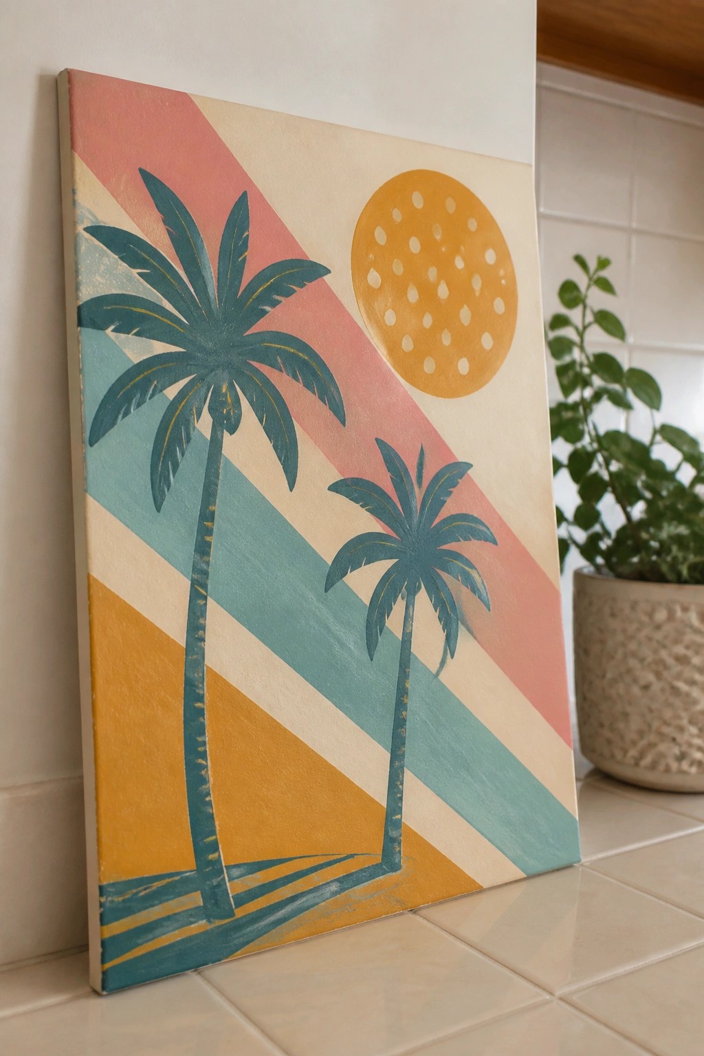 Two palm trees and dotted sun on diagonally striped canvas painting