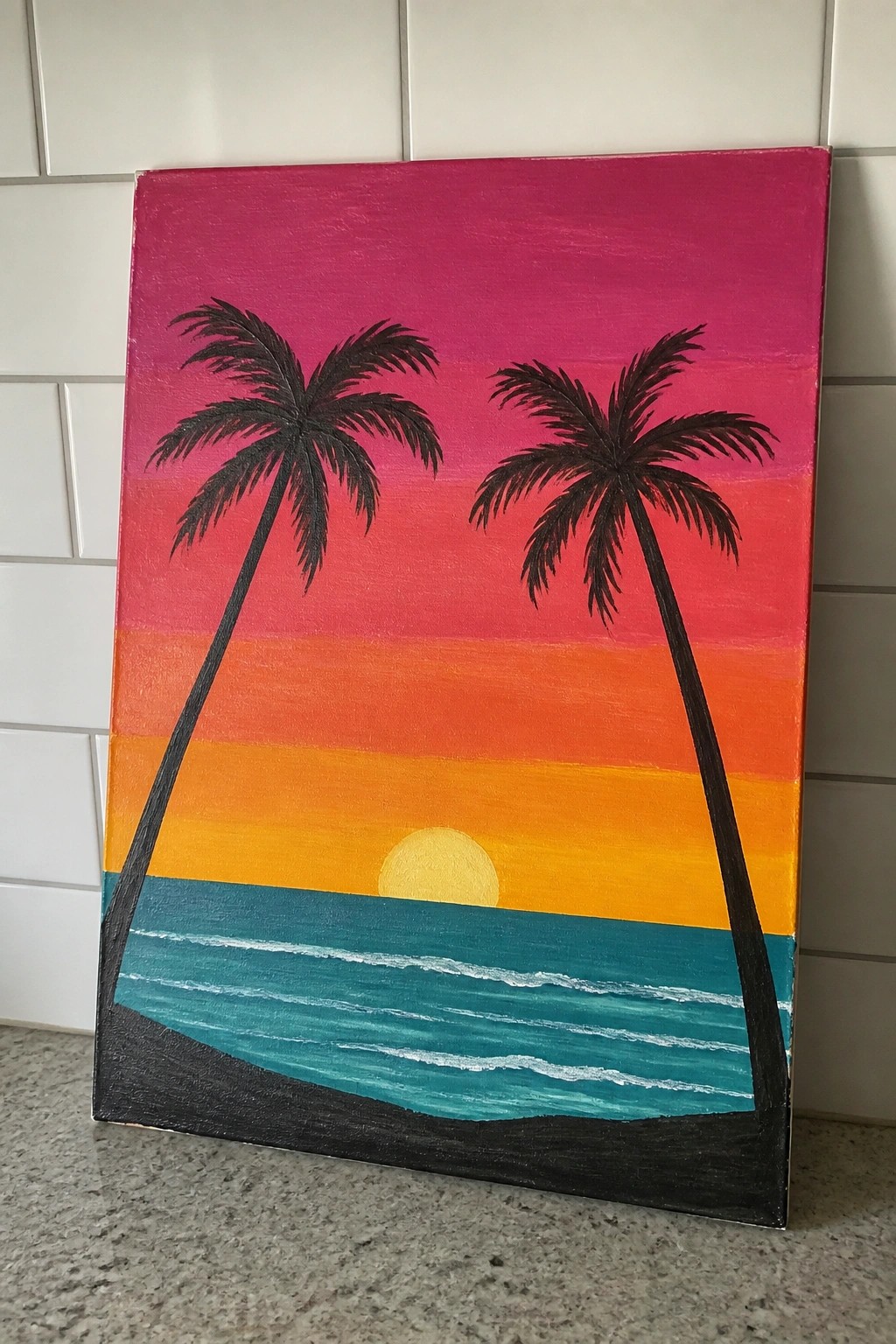 Vibrant sunset painting with two silhouetted palm trees over teal ocean waves.