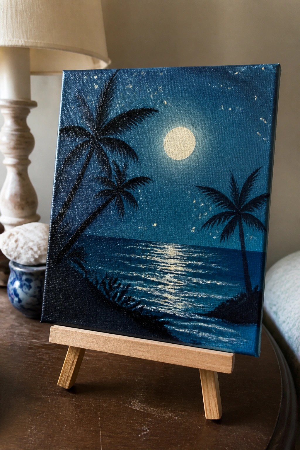 Canvas painting of moonlit ocean with palm trees and stars on wooden easel.