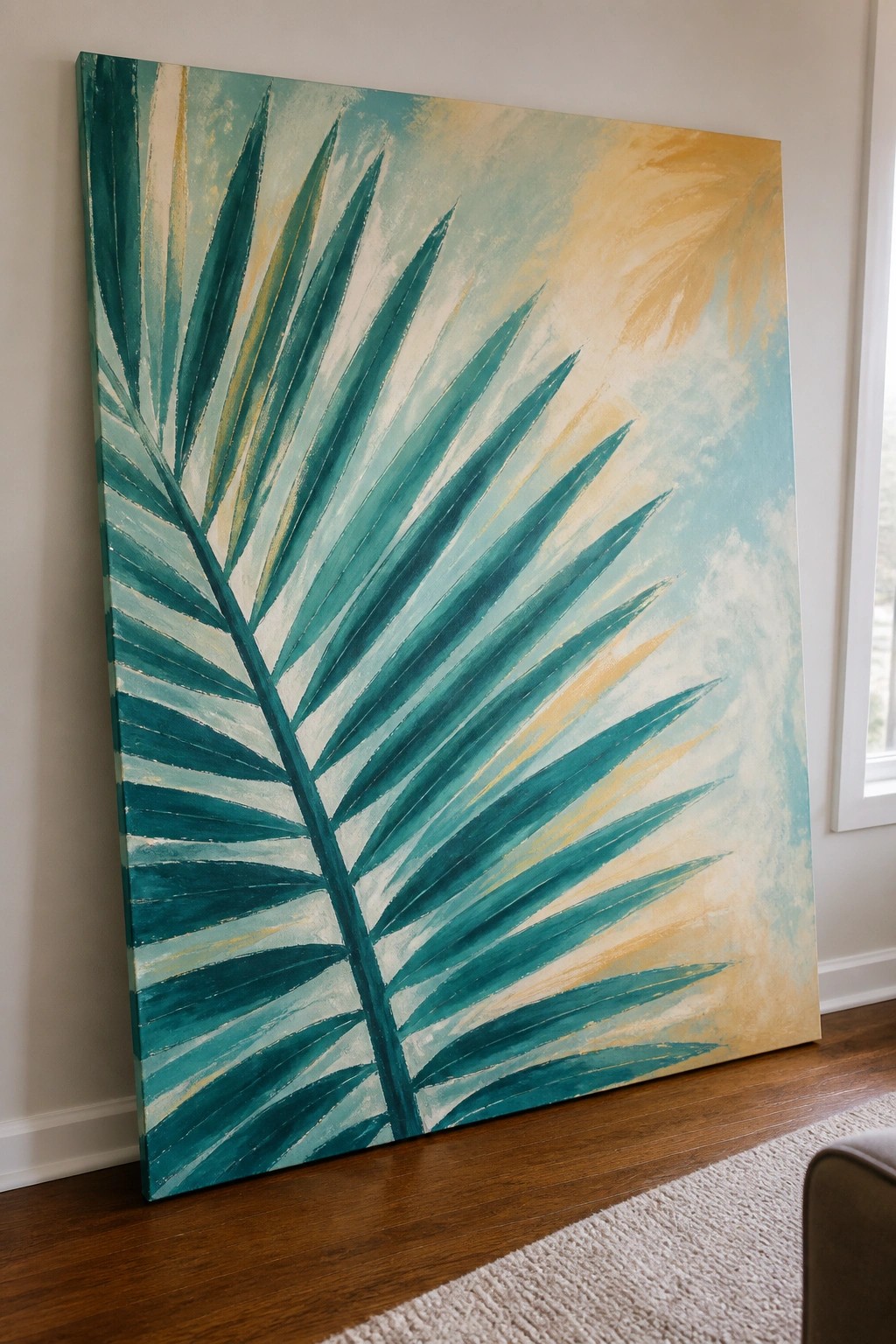 Large teal palm frond painting on canvas leaning against white wall on wood floor.