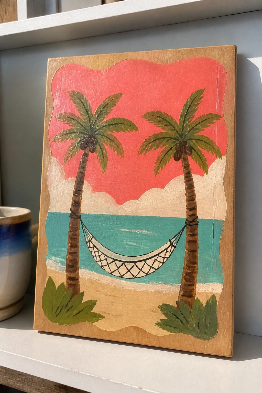 Hand-painted wooden scene of two palm trees with hammock over turquoise sea and pink sky.