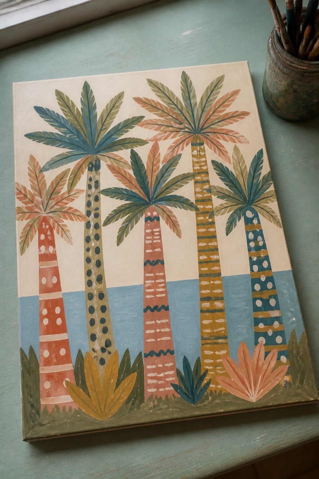 Colorful patterned palm tree painting on canvas beside paintbrush jar on blue table