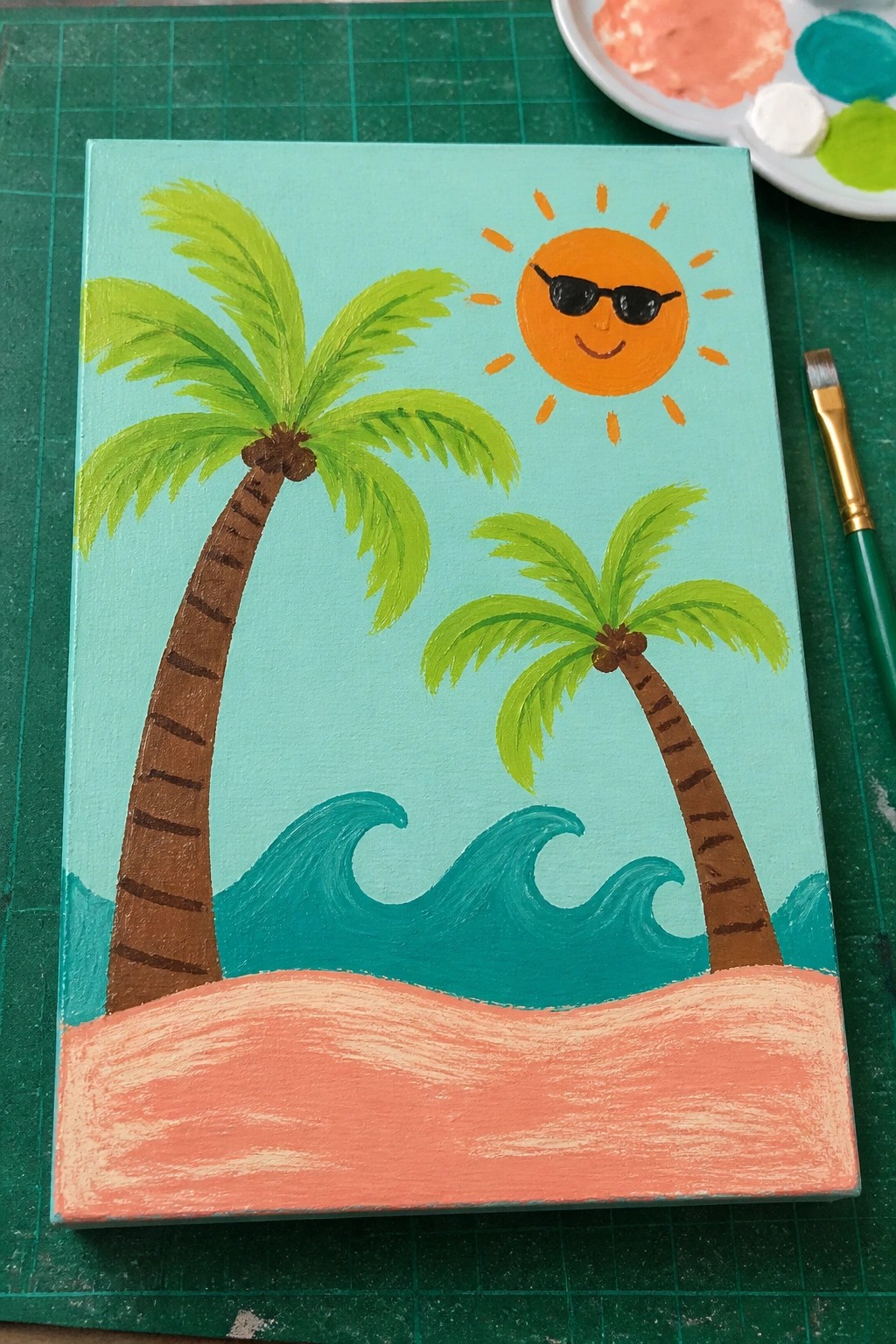 Vibrant acrylic painting of two palm trees, teal waves, peach sand, and smiling sun with sunglasses
