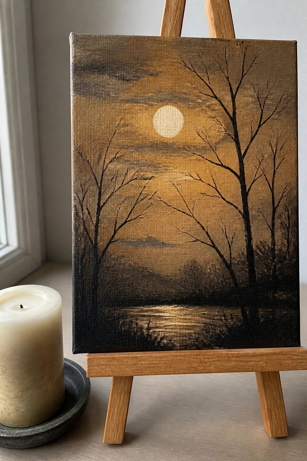 Wooden easel displays canvas painting of moonlit trees over water with lit candle nearby
