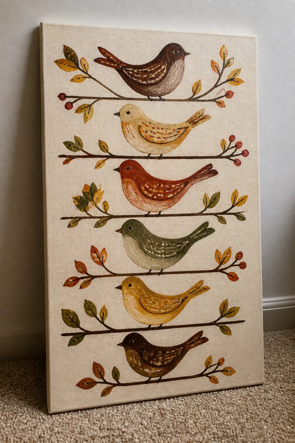 A vertical canvas painting displays six birds in warm earth tones perched on horizontal branches with scattered autumn leaves and berries on a light background.