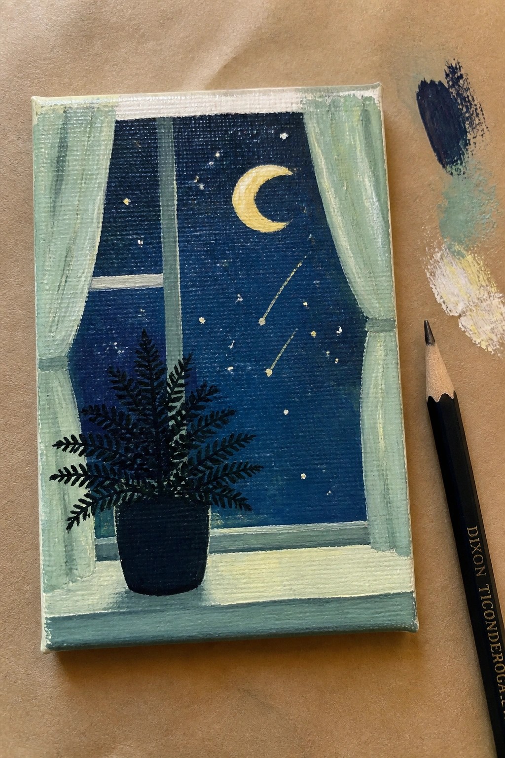 Small painted canvas of potted fern on windowsill under starry night sky with moon.