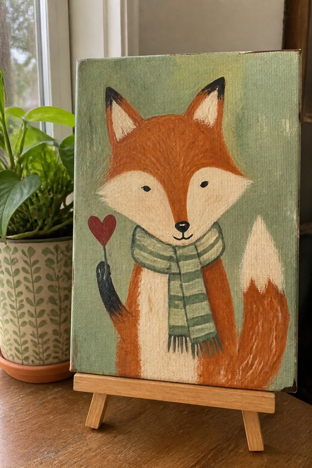 Orange fox in striped scarf holds red heart on canvas atop wooden easel