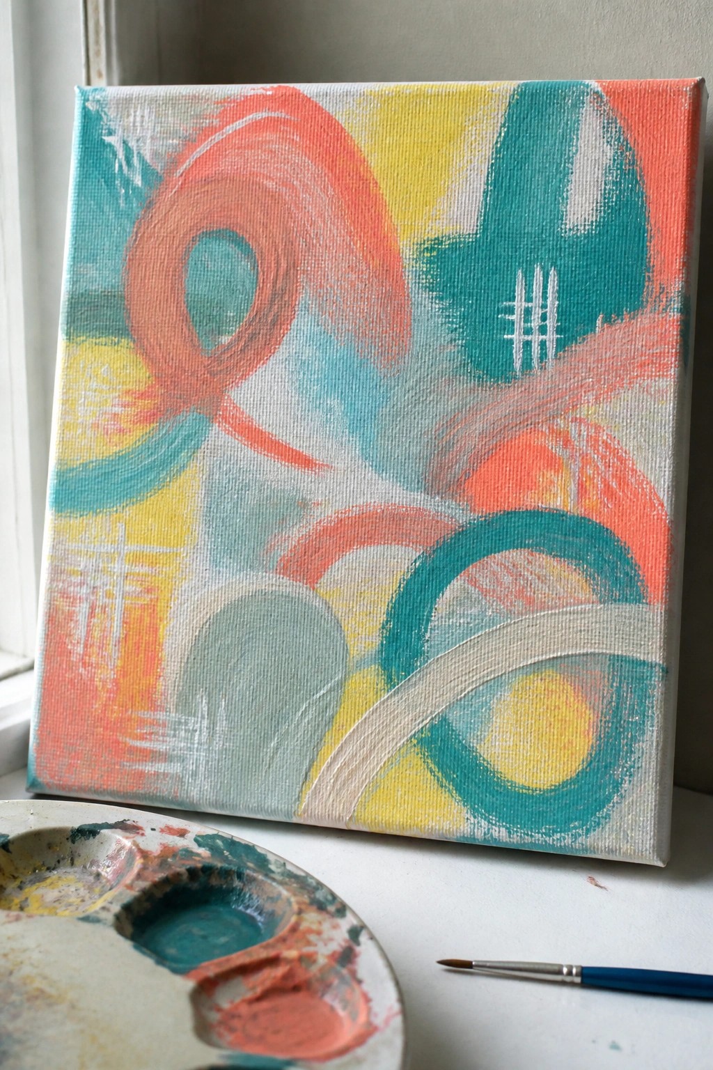 Abstract painting on canvas with coral teal yellow swirls near palette and brush
