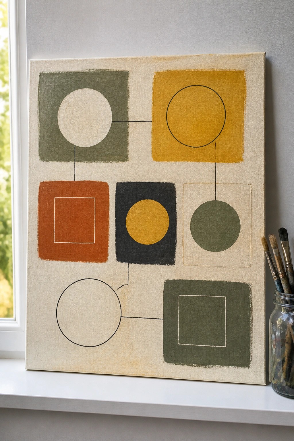 Abstract geometric painting with connected circles and squares in earth tones beside brushes.