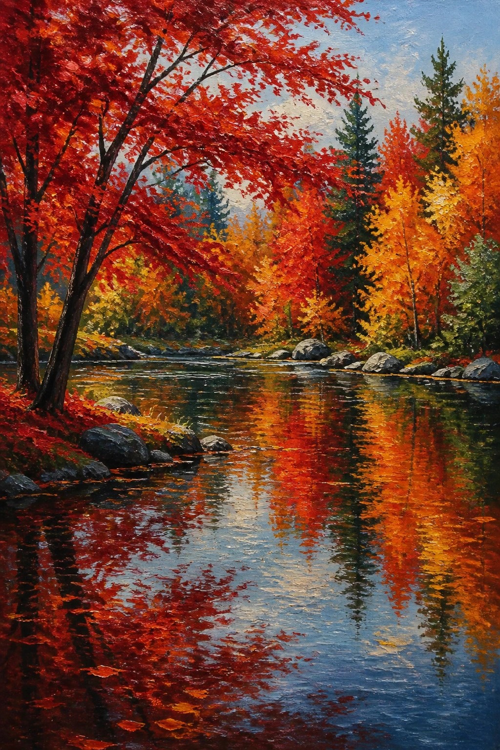An acrylic painting of a river with red and orange autumn trees on both banks and clear reflections in the water.