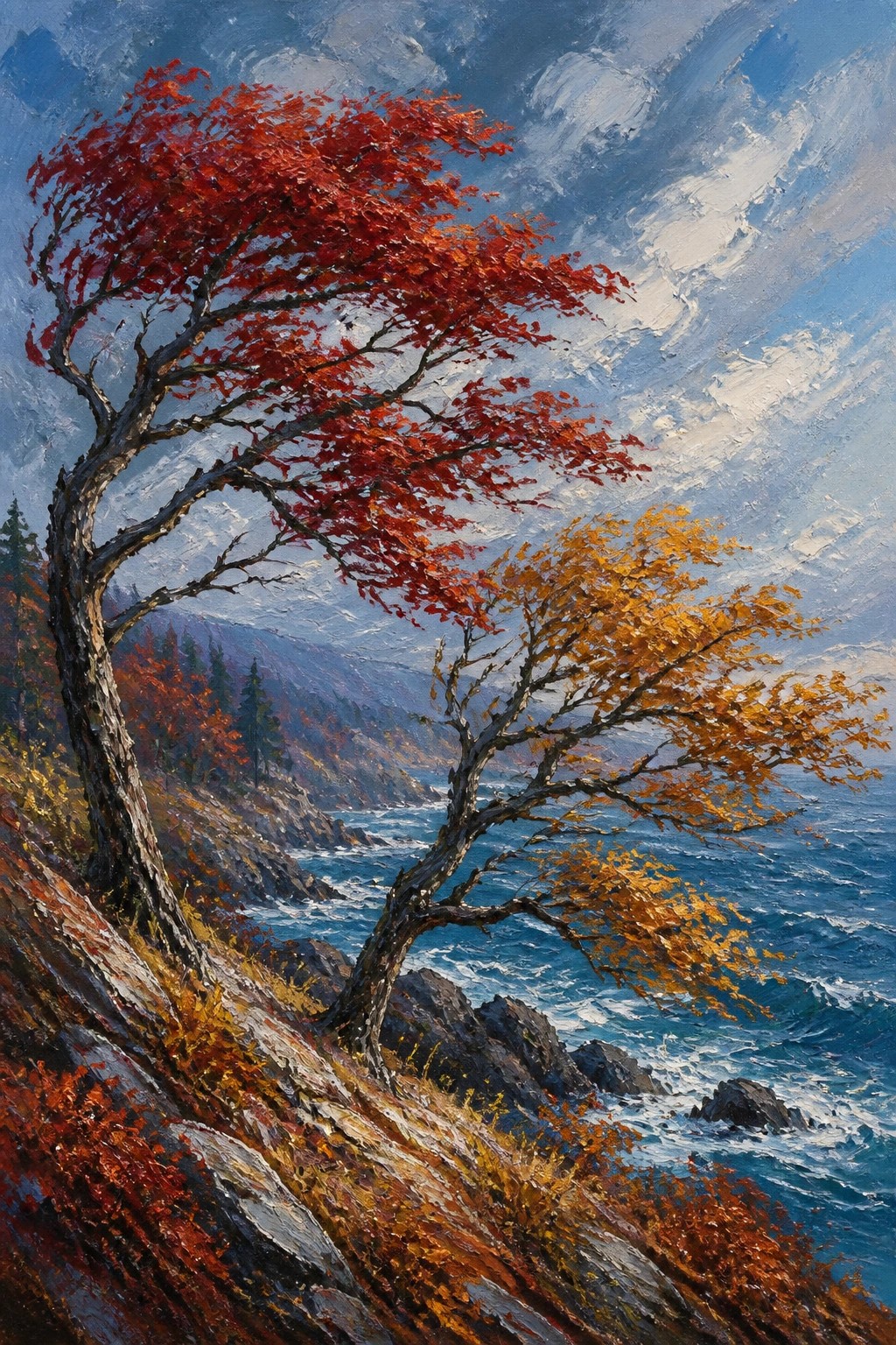 Windswept red and yellow autumn trees on rocky cliffs above crashing ocean waves