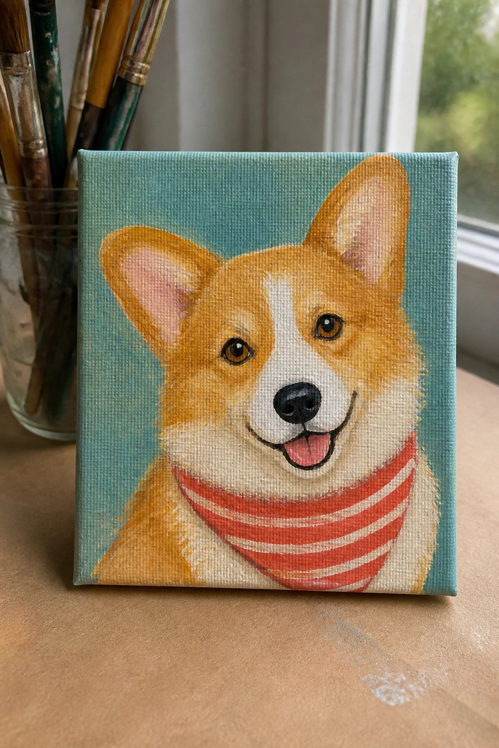 Small canvas painting of smiling corgi with orange fur and red striped bandana