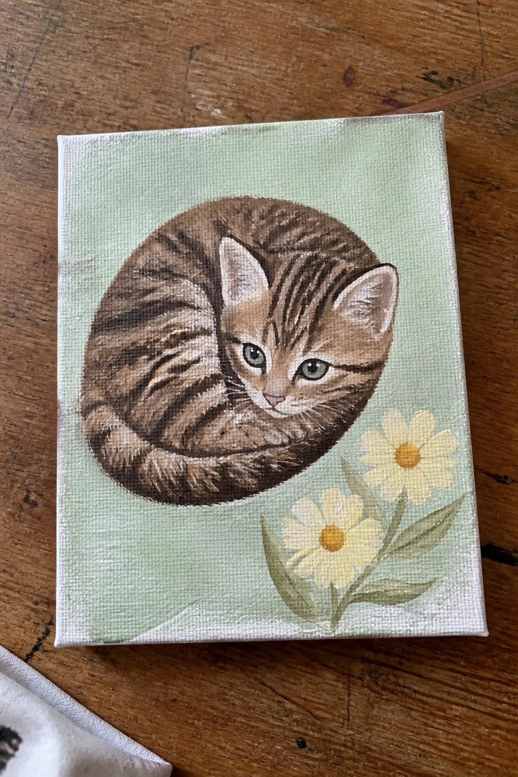 Curled tabby kitten with green eyes beside two daisies on light green canvas.