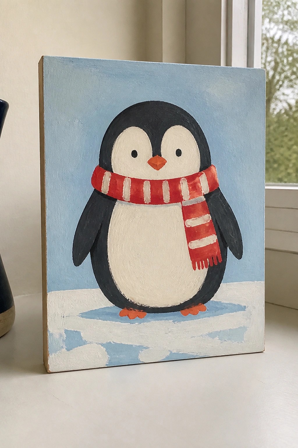 Hand-painted penguin with red striped scarf on snowy light blue background
