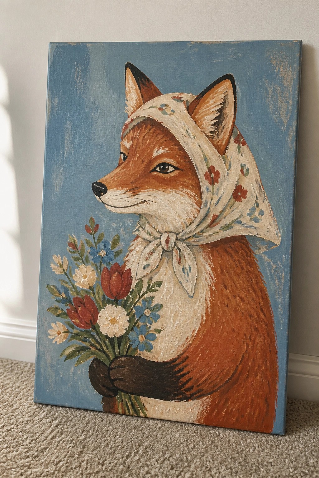 Fox in floral headscarf holding colorful bouquet against blue background.