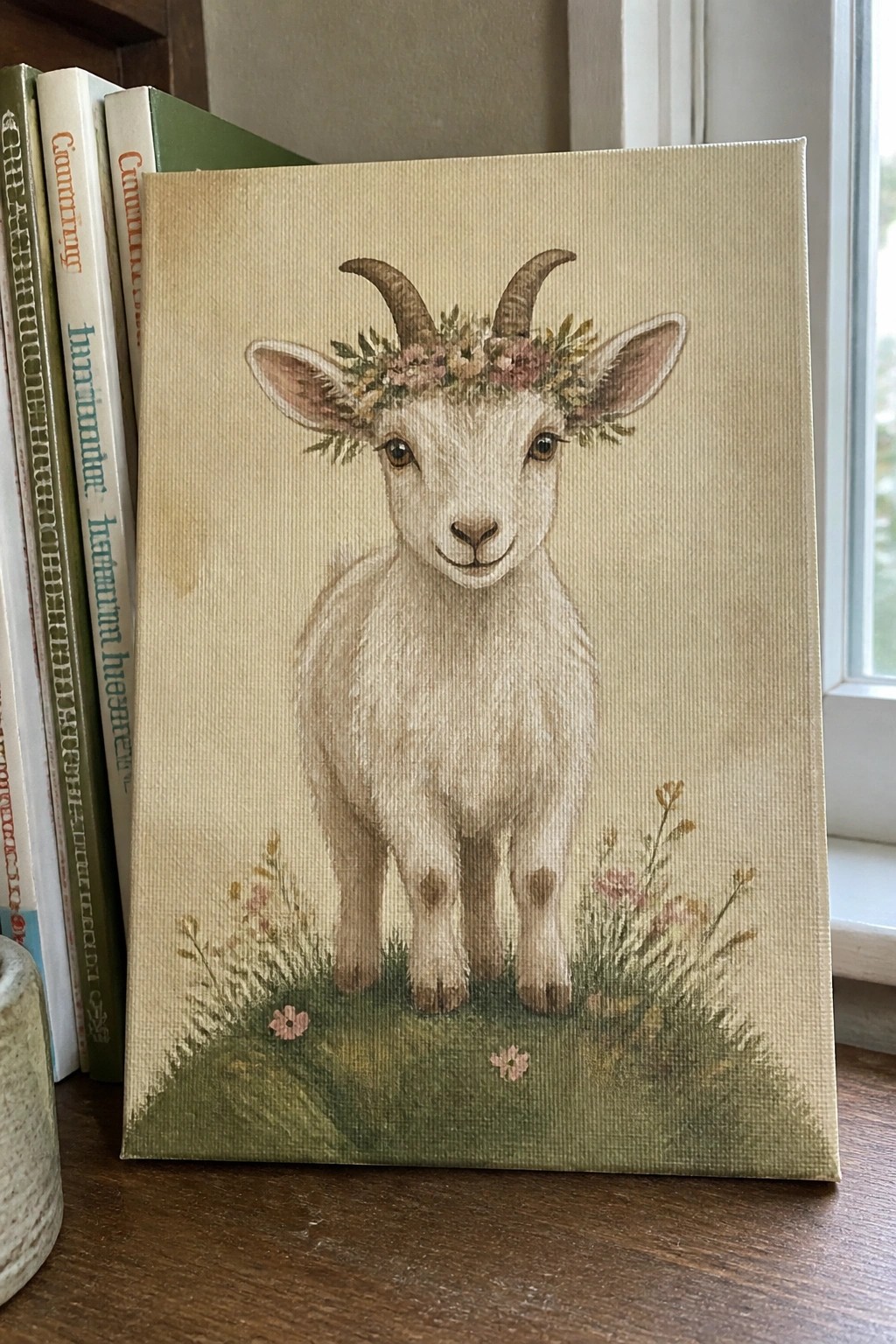 Canvas painting of white goat with flower crown beside books on wood table