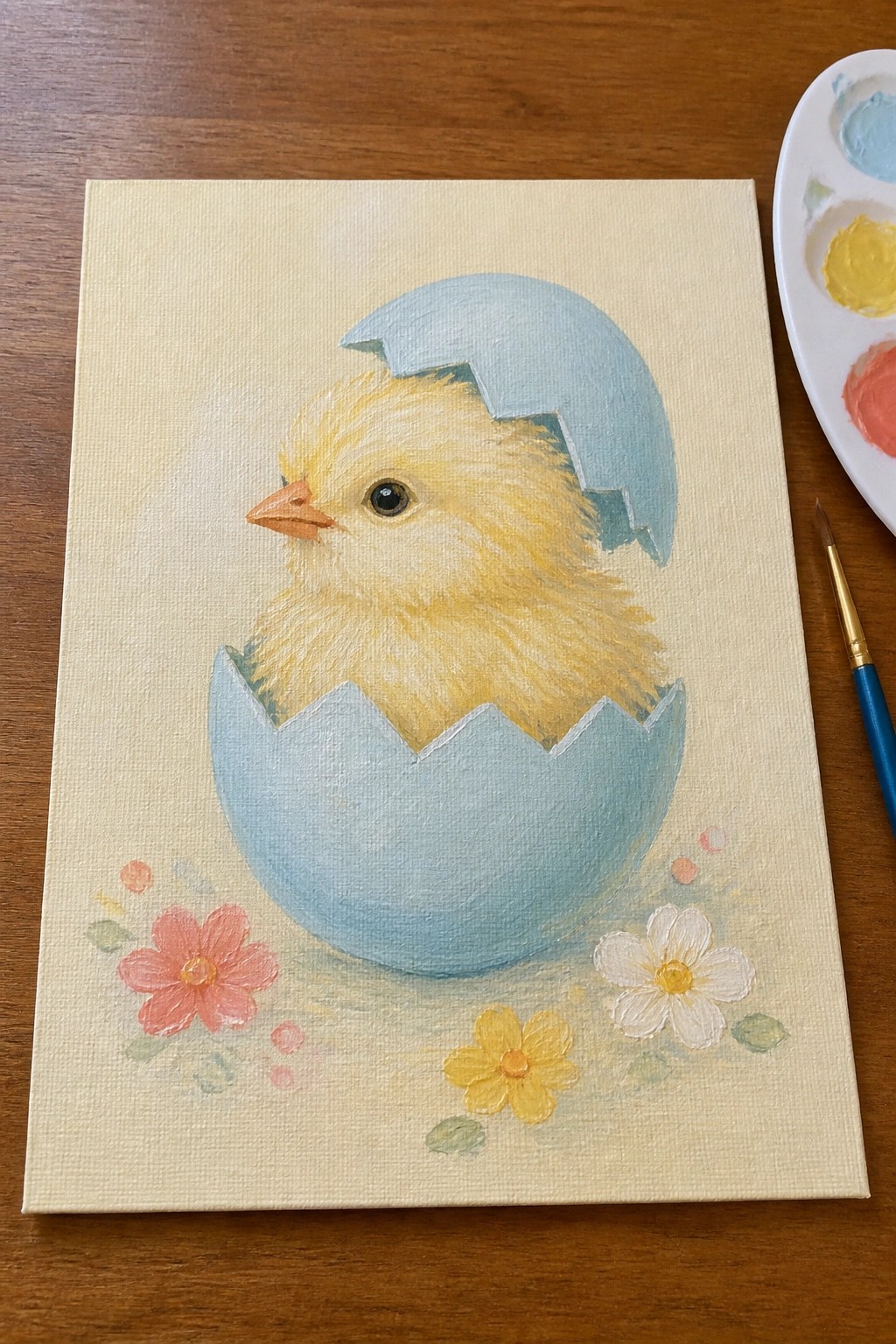 Yellow chick hatching from blue eggshell amid flowers on canvas with palette and brush