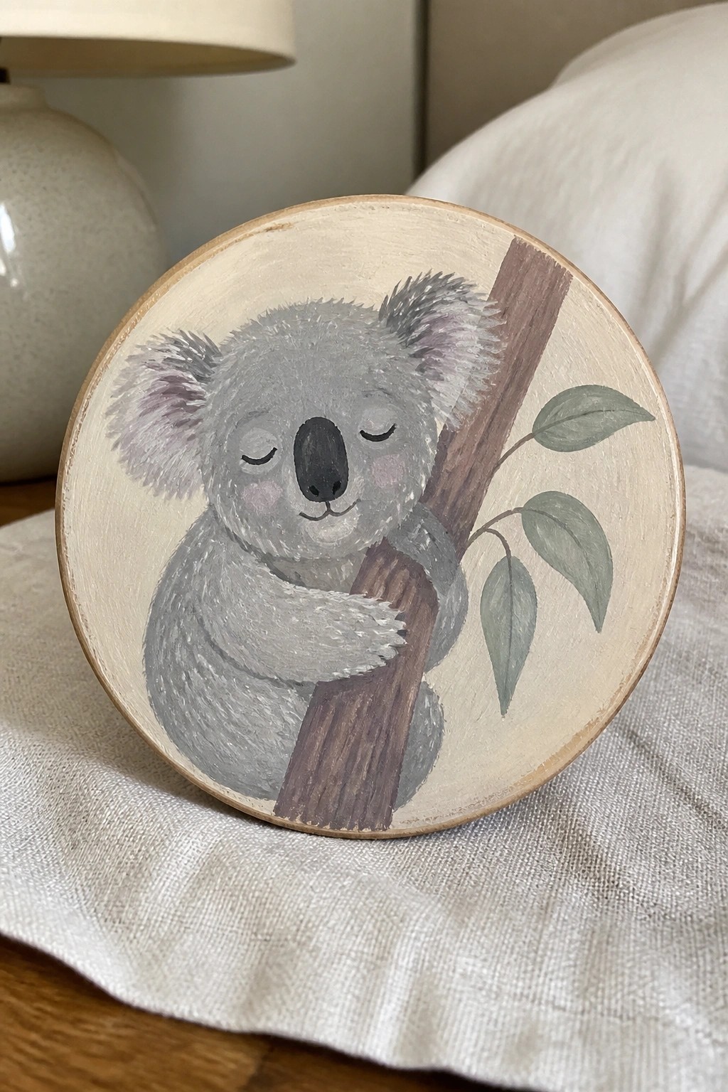 Hand-painted sleeping gray koala hugging brown branch with green leaves on wood