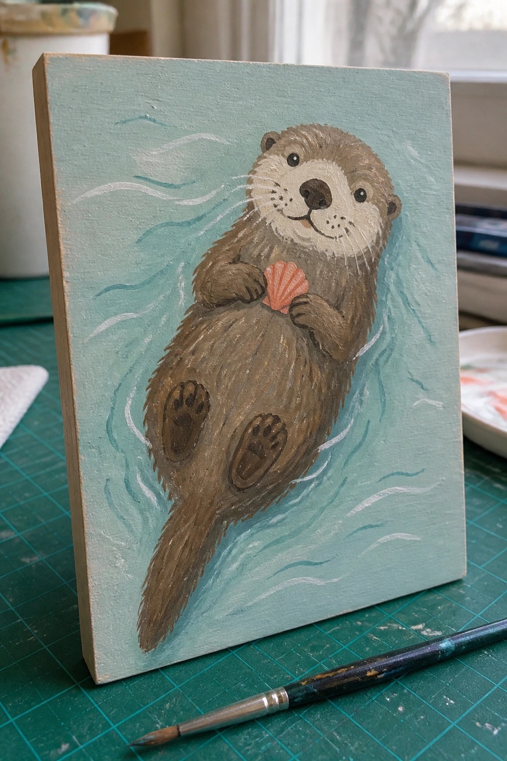 Sea otter holding pink seashell floats in wavy blue water on painted canvas.