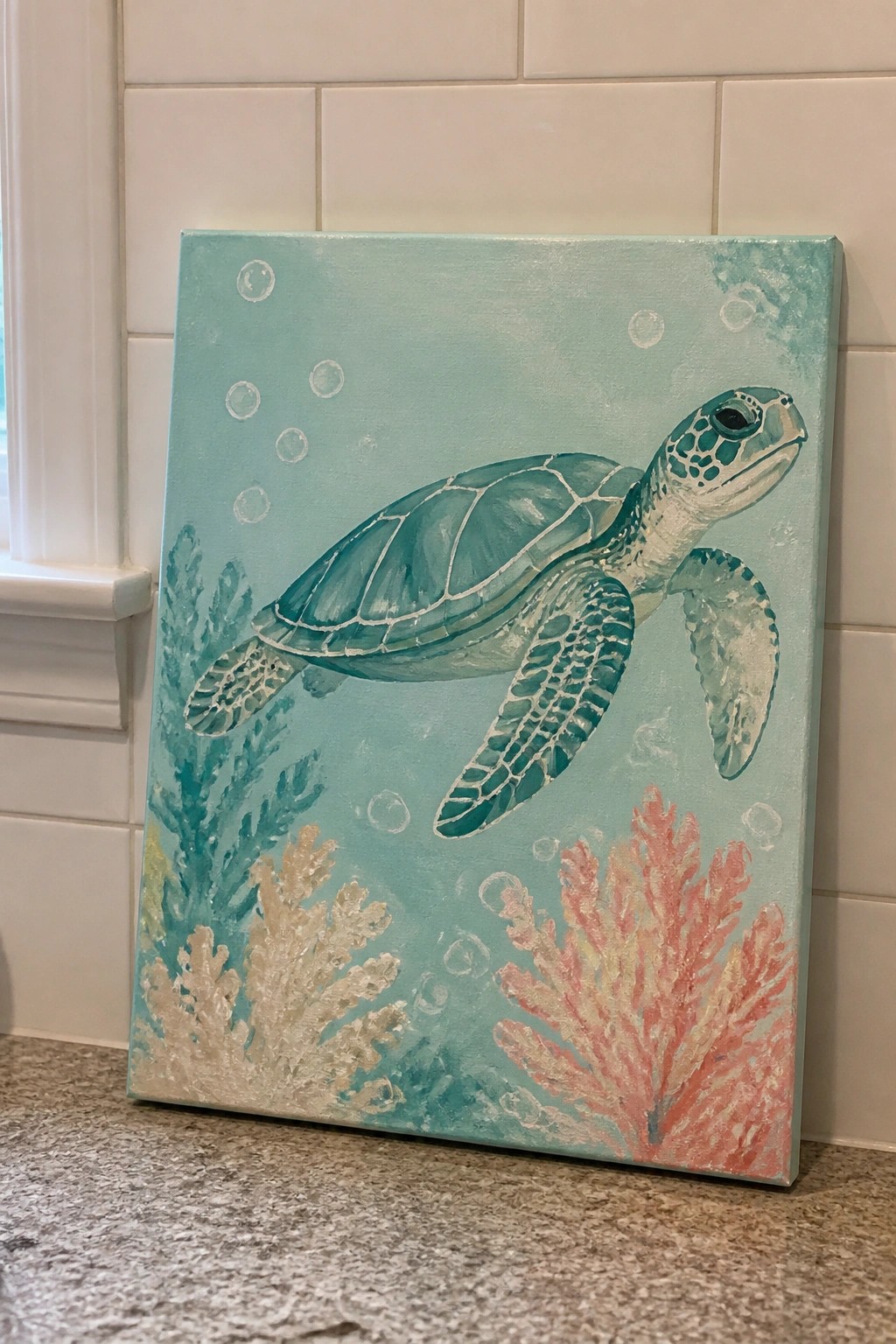 Teal sea turtle painting with colorful coral reefs and bubbles on canvas against tiles