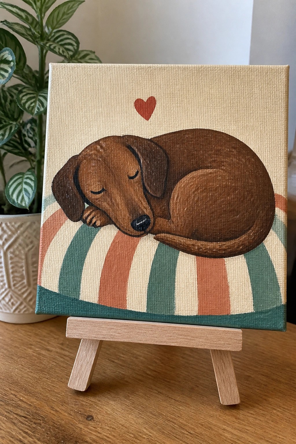 A small acrylic painting of a brown sleeping dog curled on a green, orange, and white striped cushion with a red heart above it, displayed on a wooden easel.