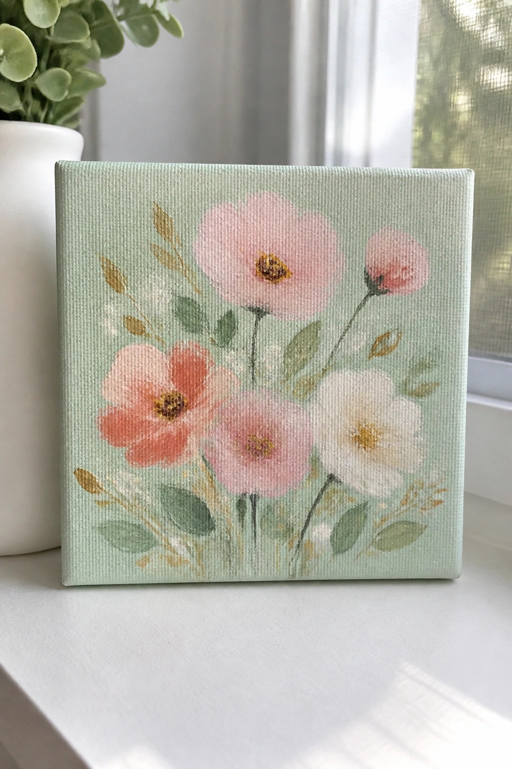 Square canvas with pink, coral, and white flowers on mint green background.