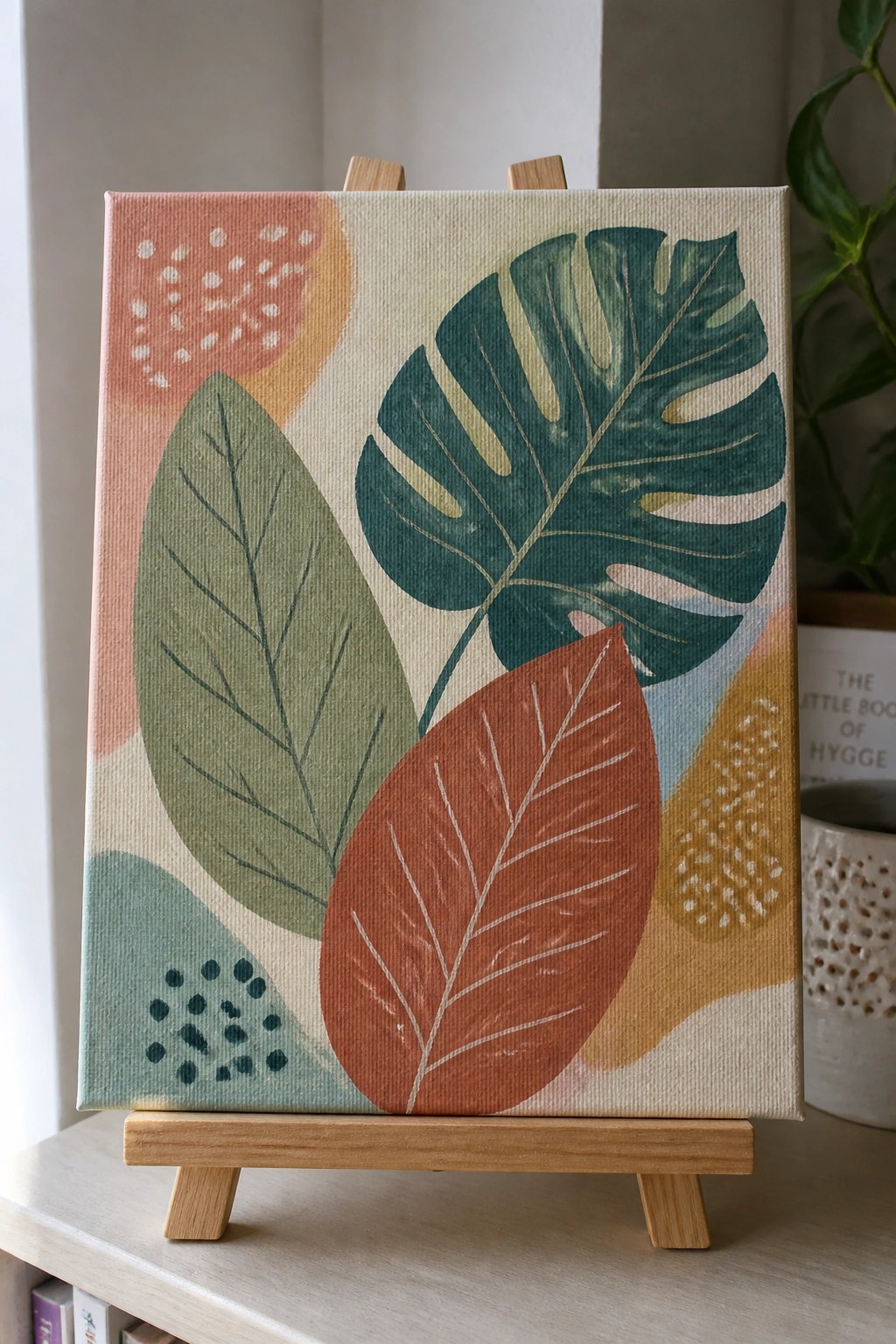 Colorful abstract leaf painting on canvas atop miniature wooden easel