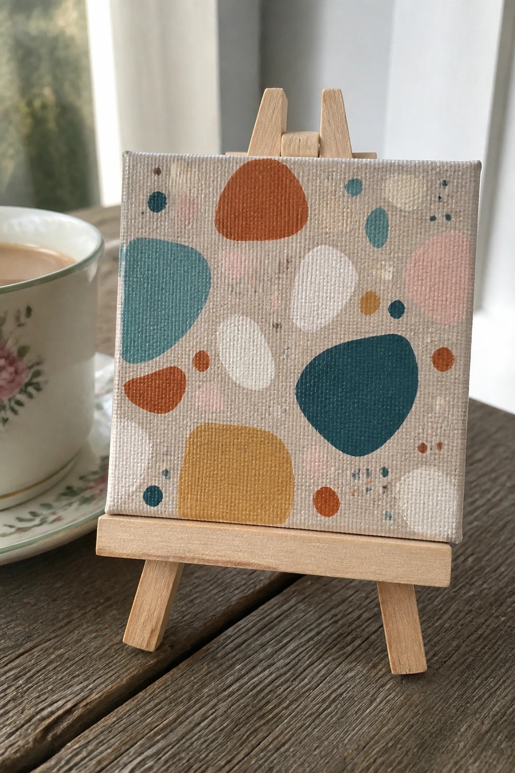 Small abstract canvas with colorful shapes on wooden easel beside floral teacup