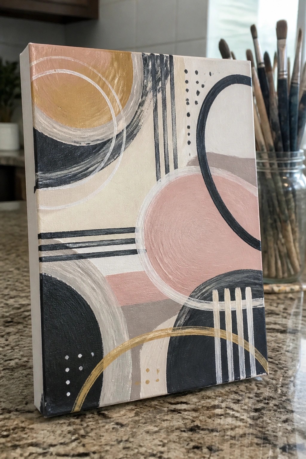 Abstract canvas with peach, black, and gold circles and lines beside paintbrushes