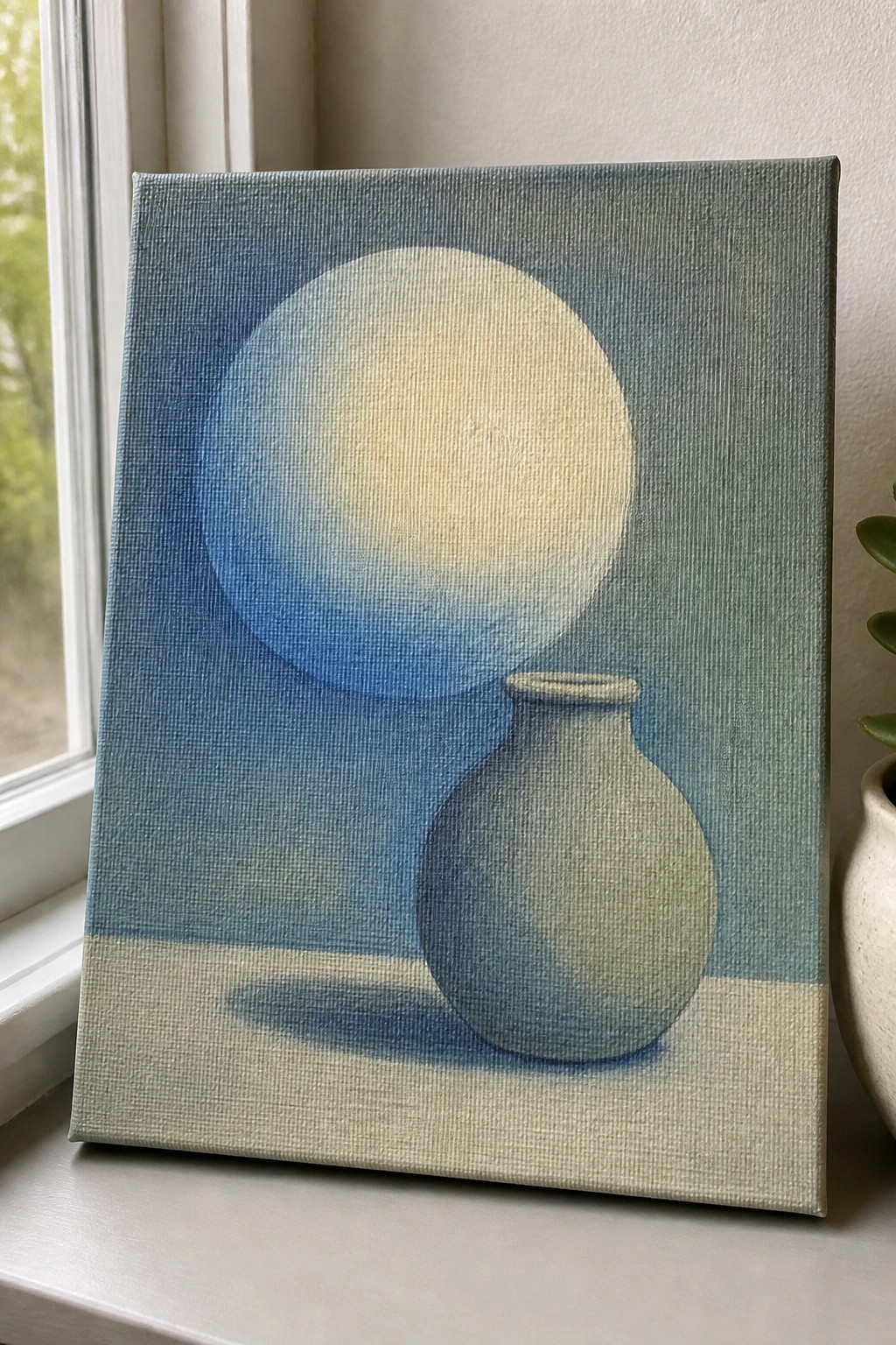 Canvas painting of glowing blue orb above shadowed vase on windowsill.