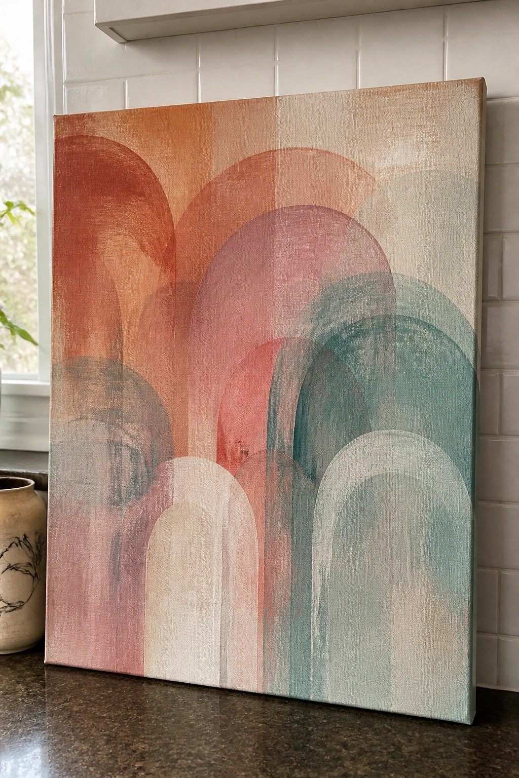 Abstract canvas with overlapping arches in warm orange, red, pink, and teal tones