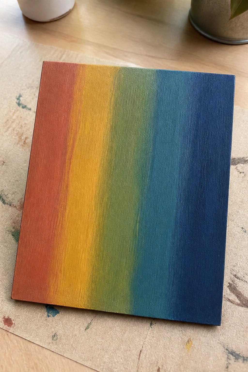 Rectangular board with smooth vertical rainbow gradient from red to blue on wood.