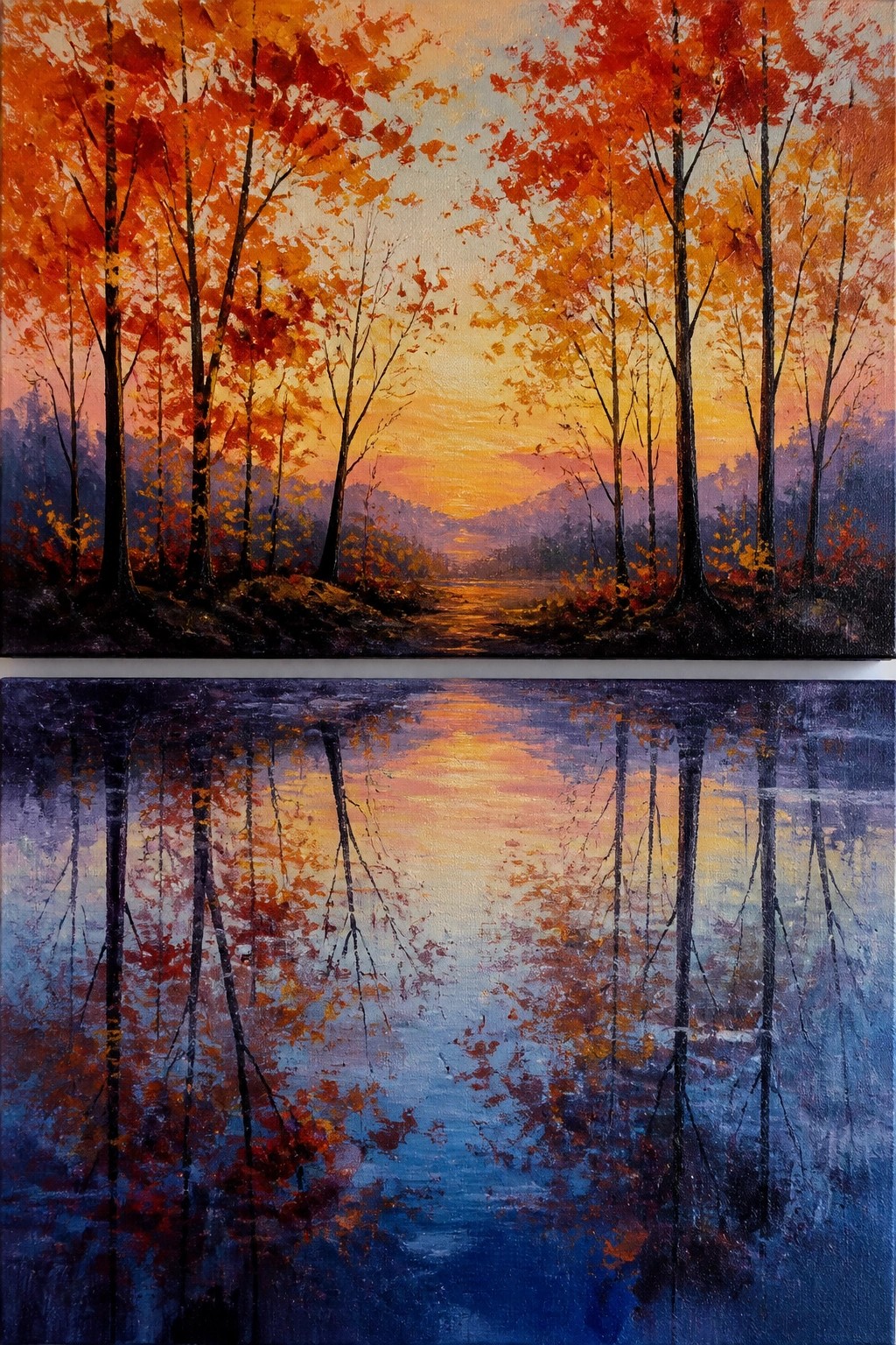 Two stacked autumn forest sunset paintings with vivid orange and blue reflections.