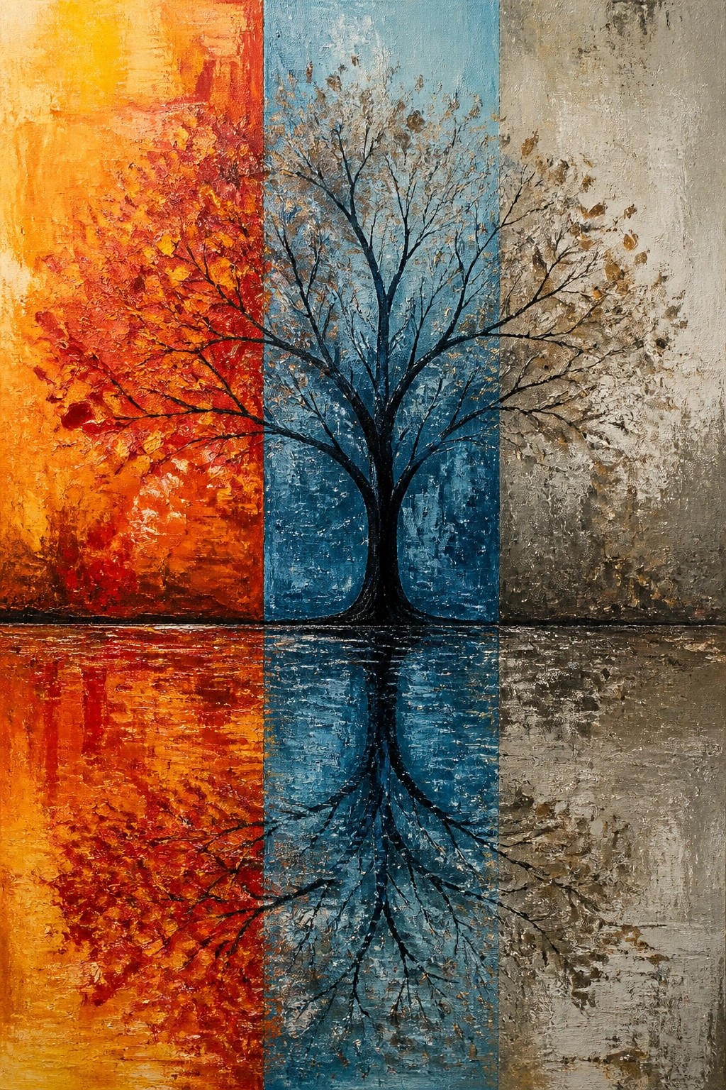 Abstract triptych painting of a bare tree with orange, blue, and gray panels and reflection
